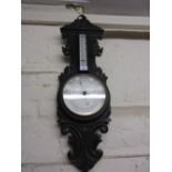 Victorian carved oak aneroid barometer / thermometer