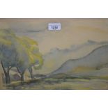 A.J. Robertson, watercolour, landscape with trees and mountain, dated 1953, gilt framed, 2.5ins x