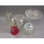 Lalique style opalescent glass vase, a cranberry glass bell, an Art Glass vase, a pedestal vase (