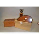 Small mahogany and inlaid oval drinks tray, a 19th Century wooden money box, an oak box, conch shell