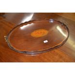 19th Century oval mahogany shell inlaid and rosewood crossbanded two handled tray