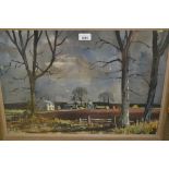 E.R. Roberts, 20th Century watercolour, landscape with farmstead and trees to the foreground,