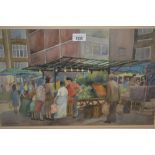 Caterine Wiles watercolour, Croydon Market , signed, 12ins x 19ins, framed with Mall gallery label