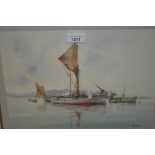 Peter Toms, 20th Century watercolour of various moored shipping in an estuary, signed 10ins x 13.