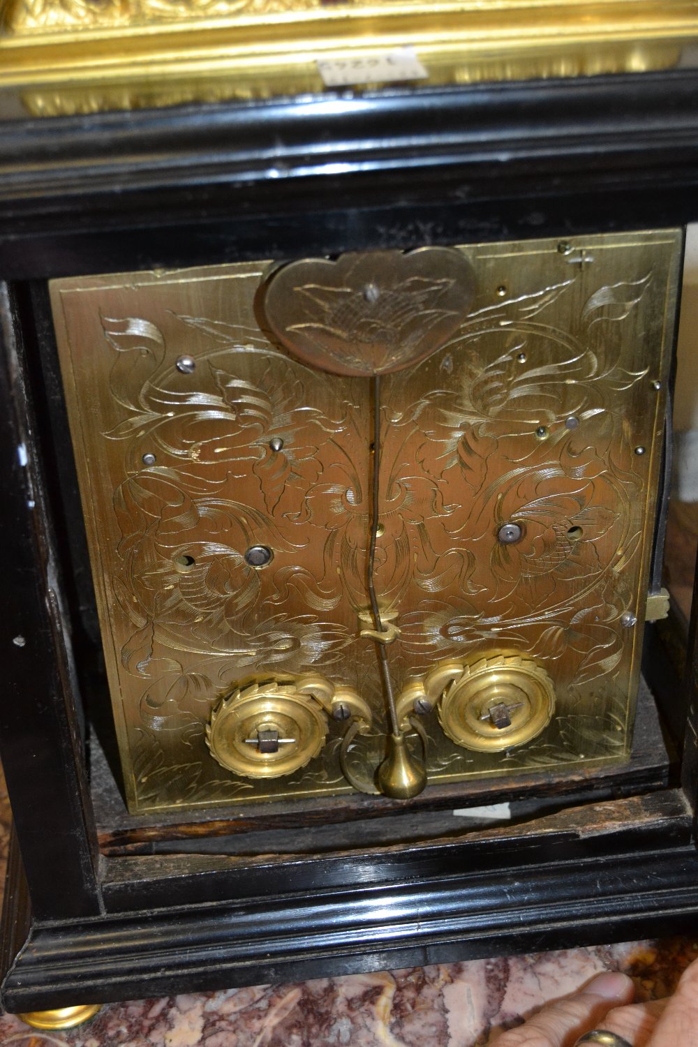 Small 18th Century ebonised and gilt brass table or bracket clock, the gilt basket top and acorn - Image 10 of 19