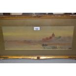 F. Nevil, gilt framed watercolour, figure in a boat on a river before a church, a pair of framed