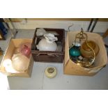 Three boxes containing a quantity of various 19th Century oil lamp parts including an enamel