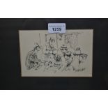 20th Century ink cartoon sketch, four figures planning a job , signed Honeysett, gilt framed, 4ins x