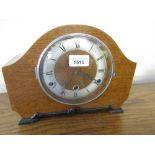 20th Century oak cased dome topped mantel clock having three train Westminster chiming movement with