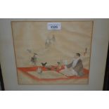 Pair of Japanese woodlblock prints, artist working, and study of a temple, both signed and with seal
