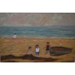 Modern British School oil on board, beach scene with children by a small boat, incribed verso, '