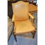 20th Century mahogany leather upholstered Gainsborough type open elbow chair raised on square