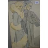 20th Century charcoal and watercolour, full length study of a male and female, unsigned , housed