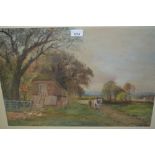 Henry Charles Fox, early 20th Century watercolour, figure and horse in a landscape by a farm