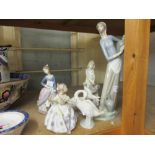 Lladro figure of a girl carrying a water jar, a Lladro figure of a girl with a parasol, another of a