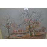 Leslie Cole, pastel on grey paper, winter landscape with pond and trees to the foreground, dated '