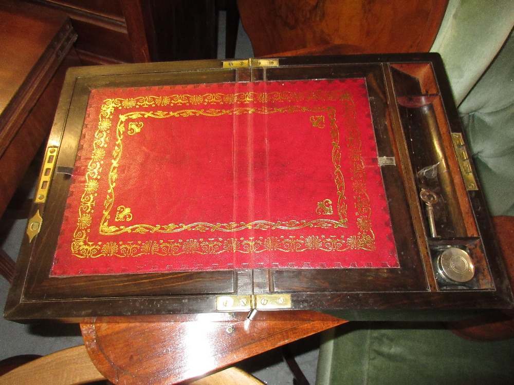 Victorian coromandel and brass inlaid fold-over writing slope with fitted interior and original - Image 2 of 4