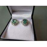 Pair of 18ct White gold emerald and diamond cluster ear studs, total emerald weight approximately