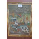Asian watercolour and gilt study of figures praying within a landscape, gilt framed, 14ins x 10ins