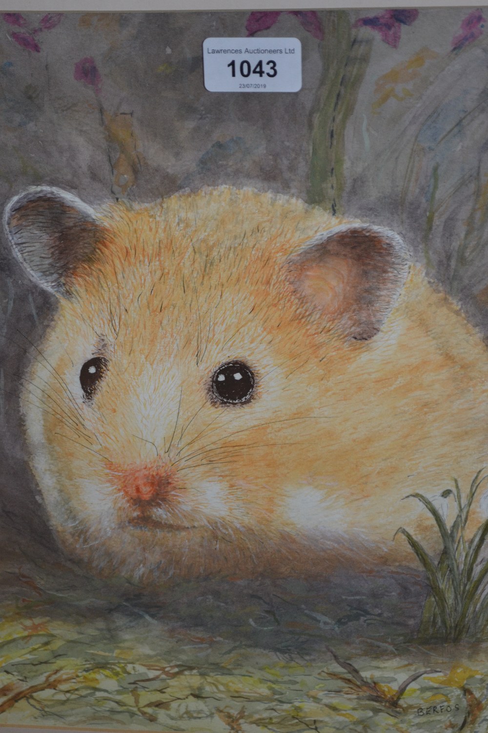 Watercolour, study of a hamster, watercolour, still life of flowers and two watercolour landscapes