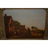 Early 19th Century Dutch School oil on oak panel, revellers by a tavern, 7.5ins x 8.5ins