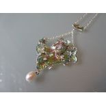 Art Nouveau style necklace set with enamel, rubies, opals and a cultured pearl