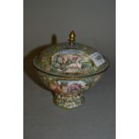 Enamel decorated on copper pedestal bowl with cover decorated with panels (extensive damage)