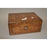 Victorian walnut and parquetry inlaid work box, the hinged cover enclosing a fitted interior with