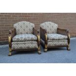 Pair of good quality 1920's carved mahogany and parcel gilt floral upholstered bergere armchairs