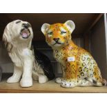 Large porcelain figure of a seated sheep dog, 14.5ins high and another French porcelain figure of