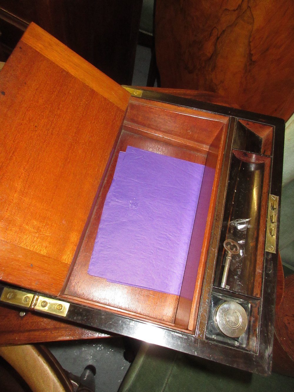 Victorian coromandel and brass inlaid fold-over writing slope with fitted interior and original - Image 4 of 4
