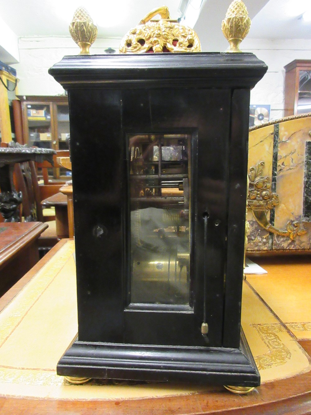 Small 18th Century ebonised and gilt brass table or bracket clock, the gilt basket top and acorn - Image 16 of 19