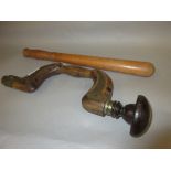 19th Century brass mounted woodworking brace together with a hardwood truncheon