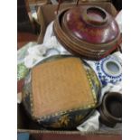 Two Chinese lacquered boxes, two bronze vases, porcelain ginger jar and a tea bowl