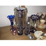 19th Century Bohemian blue overlaid clear glass lustre with gilded decoration together with a
