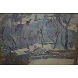 20th Century oil on board, winter landscape inscribed on the frame R. Wakeham Pilot, in a silver