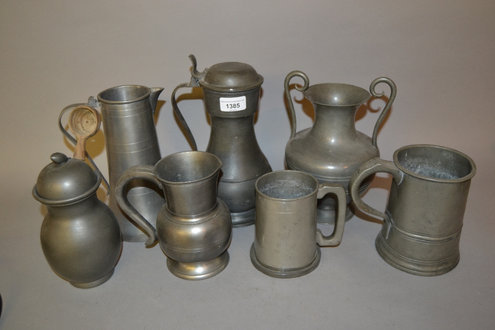 Pewter tappit hen, quart measure and other items of pewter