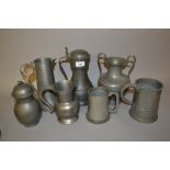 Pewter tappit hen, quart measure and other items of pewter