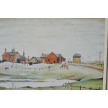 L.S. Lowry, signed coloured print, landscape with children playing before farm buildings,