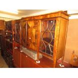 Edwardian mahogany and line inlaid semi bow fronted side cabinet with a low back above a pair of bow