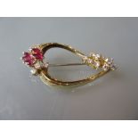 18ct Yellow gold brooch set diamonds and rubies