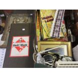 Box containing small quantity of various items including a patinated metal figure of Red Rum, two