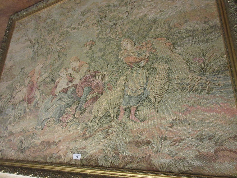 Large reproduction rectangular gilt framed machine woven tapestry picture, figures in a landscape