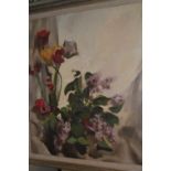 Oil on canvas, still life study with spray of flowers on a table, 20ins x 24ins