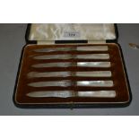 Set of six silver plated fruit knives with mother of pearl handles