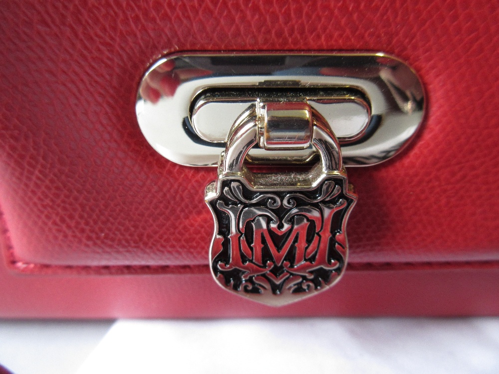 Love Moschino, red leather handbag having pocket to front with silver metal padlock style clasp - Image 2 of 4