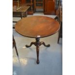 George III circular mahogany pedestal table with a bird cage base on turned column and tripod