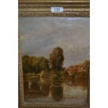 Oil on panel, lake scene with ducks to the foreground, 12.5ins x 9.5ins, gilt framed