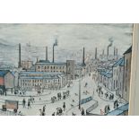 L.S. Lowry, signed coloured print, an industrial townscape with figures in the street to the
