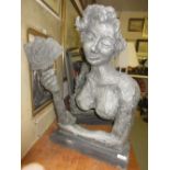 Large 20th Century composition sculpture, stylised study of a nude female holding cards, with a